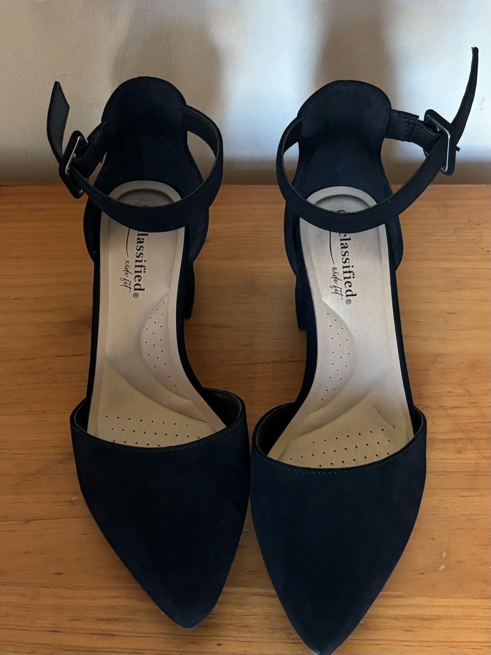 Classified Wide Fit Black Pointed Ankle-Strap Heels with Cushioned Insole